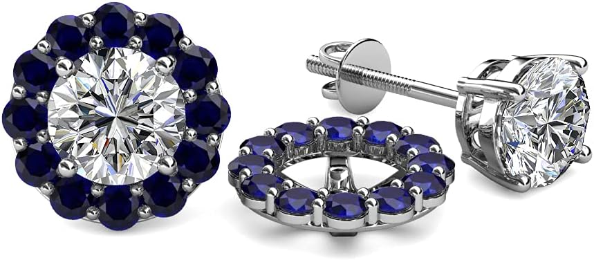 Blue Sapphire Halo Jacket for Stud Earrings 0.76 ctw 14K White Gold