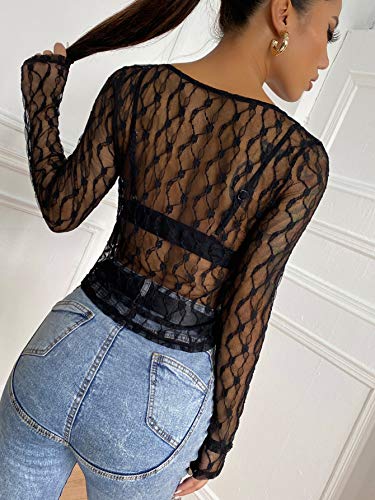 SheIn Women's Sheer Fishnet Button Front Tops Long Sleeve Crop Tee Shirts Black Medium - Image 3
