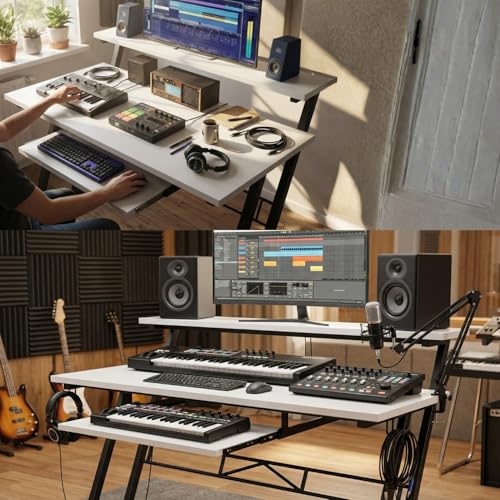 Image of FFO Music Studio Desk with Keyboard Tray | Multipurpose Work Desk for Home Office | Computer Table for Home, Office & Music Production | Laptop PC Workstation | White | 120L x 60W x 100H CM | DIY