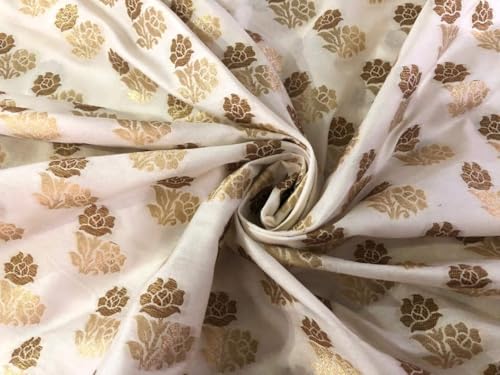 Tissu brocart soie pure 111cm motif floral blanc ivoire BRO1016
