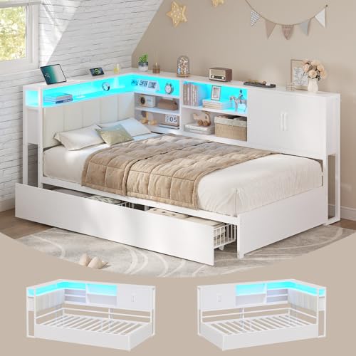 KIMENICH Canapé lit 90 x 200 avec 2 Tiroirs, Lit 90x200 avec Éclairage LED Réglable, Multiprise, 5 Niches Ouvertes, Compartiment Caché, Armoire avec Porte, Tête de...
