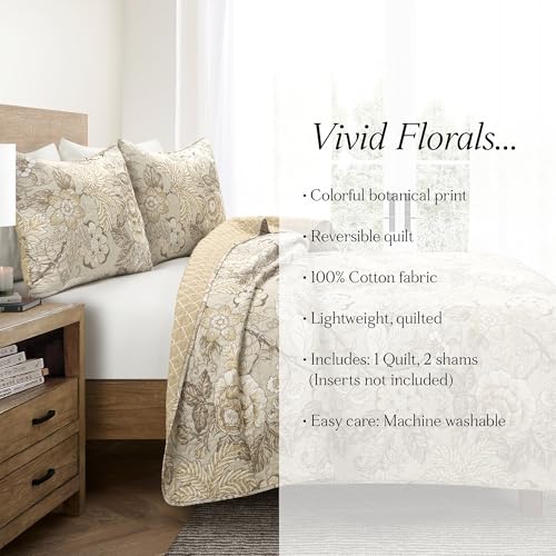 Image of Lush Decor Sydney Reversible Cotton Quilt, 3 Piece Set, King, Neutral - Cotton Bedding Set - Beige Floral Quilt - Cottage Decor - Bedding King Size