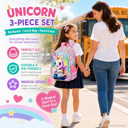 Image of HPJGD 3PCS Girls Unicorn Backpack Set, Kids Off-Roading Bookbag Set for Girls with Lunch Box, Cute Water Resistant Elementary School Bag for Preschool Toddler - Pink Unicorn Off-Roading