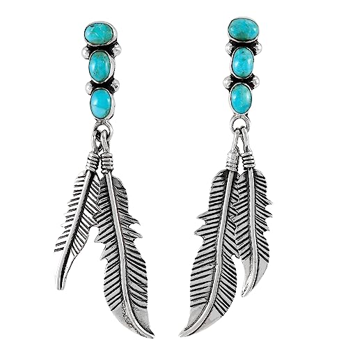 Feather Turquoise Earrings 925 Sterling Silver & Genuine Gemstone