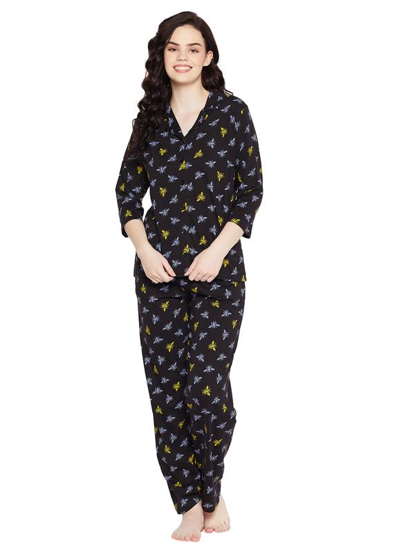 Image of Clovia Women's Cotton Printed Button Me Up Shirt & Pyjama Set in Black