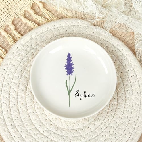 Birth Flower Jewelry Dish, Ceramic Lavender Ring Holder, Custom Jewelry Dish with Name, Decorative Trinket Dish for Earrings, Rings, Necklace, Personalized Gift for Her, Mom, Sister, Aunt, 4