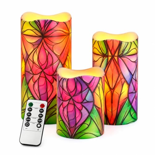 Image of Flameless Candles with Remote Timer, 3 Pack Stained Glass Pattern LED Pillar Candles, 3 inch x 4 /5 /6 inch, Warm White Flickering, Battery Operated for Christmas Wedding Home Decor