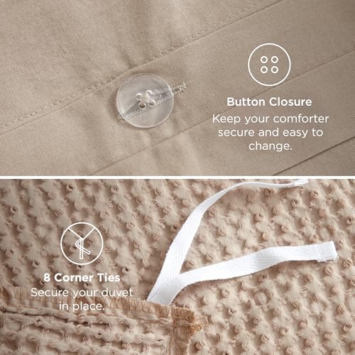 Image of Bedsure 100% Cotton Waffle Duvet Cover Set with Fitted Sheet, Queen, Khaki | Waffle Texture, Breathable, Skin-Friendly, OEKO-TEX Certified, Good Housekeeping Seal, All-Season, Machine Washable