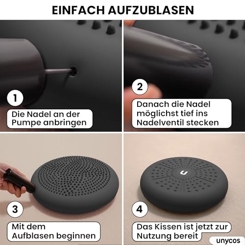 unycos - Ballsitzkissen 33 cm inklusive Pumpe, Noppenkissen, Luftkissen, Anti-Burst Sitzkissen, Balancekissen, Core, Rücken, Fitness Koordinations und Rückentraining (Grau; PureZen)