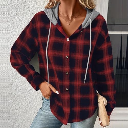 Women's Hooded Plaid Shacket 2025 Fashion Button Down Jackets Baggy Casual Long Sleeve Fall Outwear Flannel Shirts3