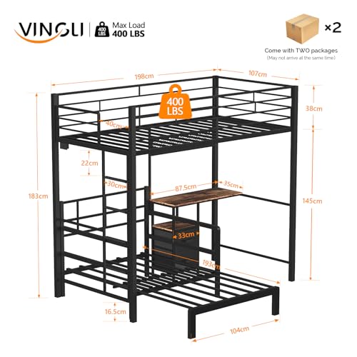 Image of VINGLI Twin Over Twin Bunk Bed with Desk, 15'' Extra High Guardrail Loft Bed with LED Lights,2 Charging Station,and 2 Storage Drawers,2 Deckers Bed,Metal Space Saving Platform Bed with Vanity,Black