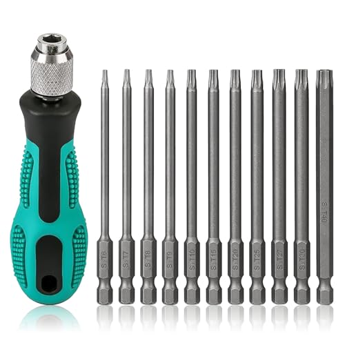 CTENG Lot de 12 embouts de tournevis Torx T6-T40 de 1/4 avec poignée, tige hexagonale T6-T40 de 100 mm de long, en acier S2