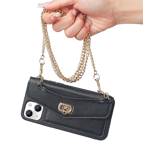 LUVI Compatible with iPhone 13 Case with Card Holder Wallet for Women with Crossbody Neck Strap Lanyard Purse Handbag Shoulder Strap PU Leather Luxury Fashion 3D Crocodile Snake Skin Case Black