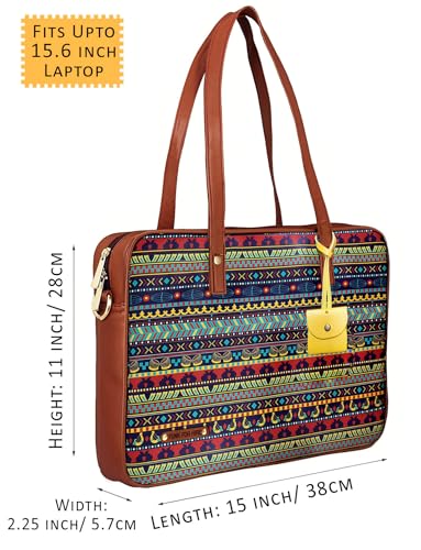 Image of Funk For Hire Women's Multi Color Printed Vegan Leather 15.6 inch Laptop Handbag Sling with Waterproof Nylon Lining Adjustable Strap Cushioned Compartment Organizer Lightweight