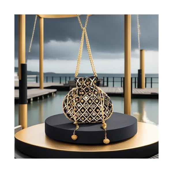 Kuber Industries Potli | Wedding Potli | Drawstring Potli with Handle | Wallet Potli | Christmas Gift Potli | Baby Shower Potli | Mirror Check-Shagun Potli | Black - Image 8
