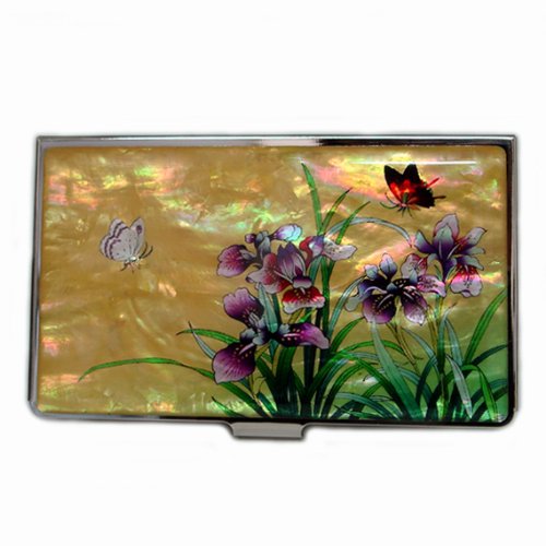 RFID Blocking Mother of Pearl Business Card Holder – Slim Stainless Steel Name Card Wallet for Men and Women with Gift Box (Orchid Yellow)2