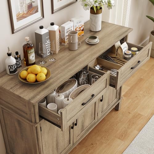 Image of ONBRILL 48 Inch Buffet Cabinet with Storage, Farmhouse Sideboard Buffet w /2 Drawers and 3 Doors, Coffee Bar Cabinet with Adjustable Shelves, Sideboard Storage for Kitchen, Living Room, Washed Grey