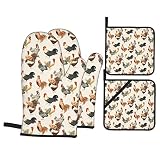 Rooster Oven Mitts and Pot Holders Sets Set of 4，Resistant Hot Pads Non-Slip Cotton Lining Gloves f