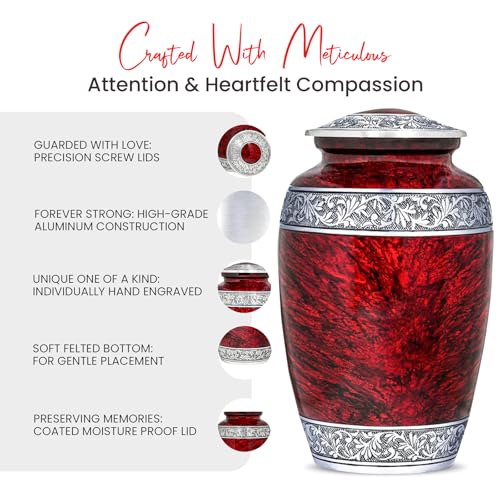 Image of Hand-Engraved Red Urn for Ashes for Women & Men with Ash Necklace & Velvet Bag | Red Marble Finish Metal Cremation Urns for Human Ashes Adult Man | Elegant Burial & Funeral Urn - Large, 220 lbs