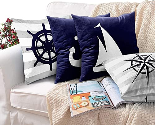 Emvency Set Of 4 Throw Pillow Covers Summer Costal Navy Blue White And Gray Stripe Helm Anchor Boat Star Decorative Pillow Cases Home Decor Standard Square 18X18 Inches Pillowcases #TOP5