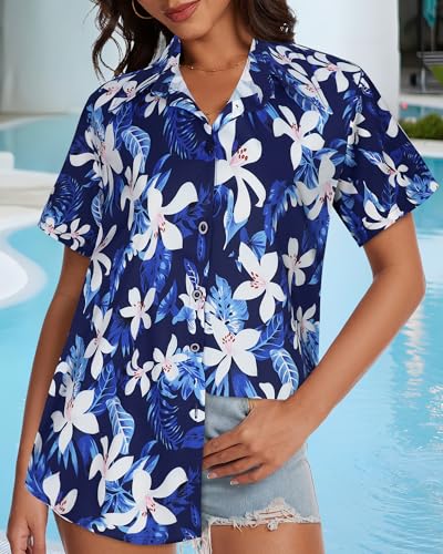 Image of Women Hawaiian Shirt Button Down Summer Tops Beach Short Sleeve Blouse