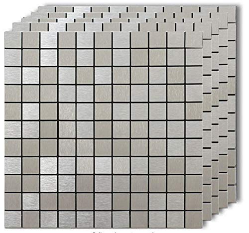 XUANINY Metal Backsplash Shiny Tile Peel and Stick Mosaics for Kitchen Backsplashes, 11.8x11.8 Aluminum Surface 3D Wall Sticker Panel Metal Mosaic (5 Sheets, Silver, Thicker Design)