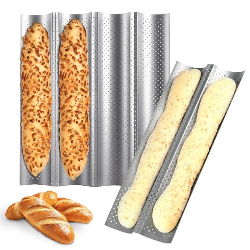 2 Pcs Baguette Baking Tray Perforated Bread Tin for Baking French Stick Loaf Bakings Molds Pan Baguette Mold NonStick for 4 and 2 Baguettes Bakings Trays for Oven Non Stick( 15 x 11/15 x 5.4 )