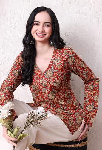 Image of MEERA FAB Women's Floral Printed Cotton Short Kurta | Floral Printed Kurta with Full Sleeves | Short Kurti for Women
