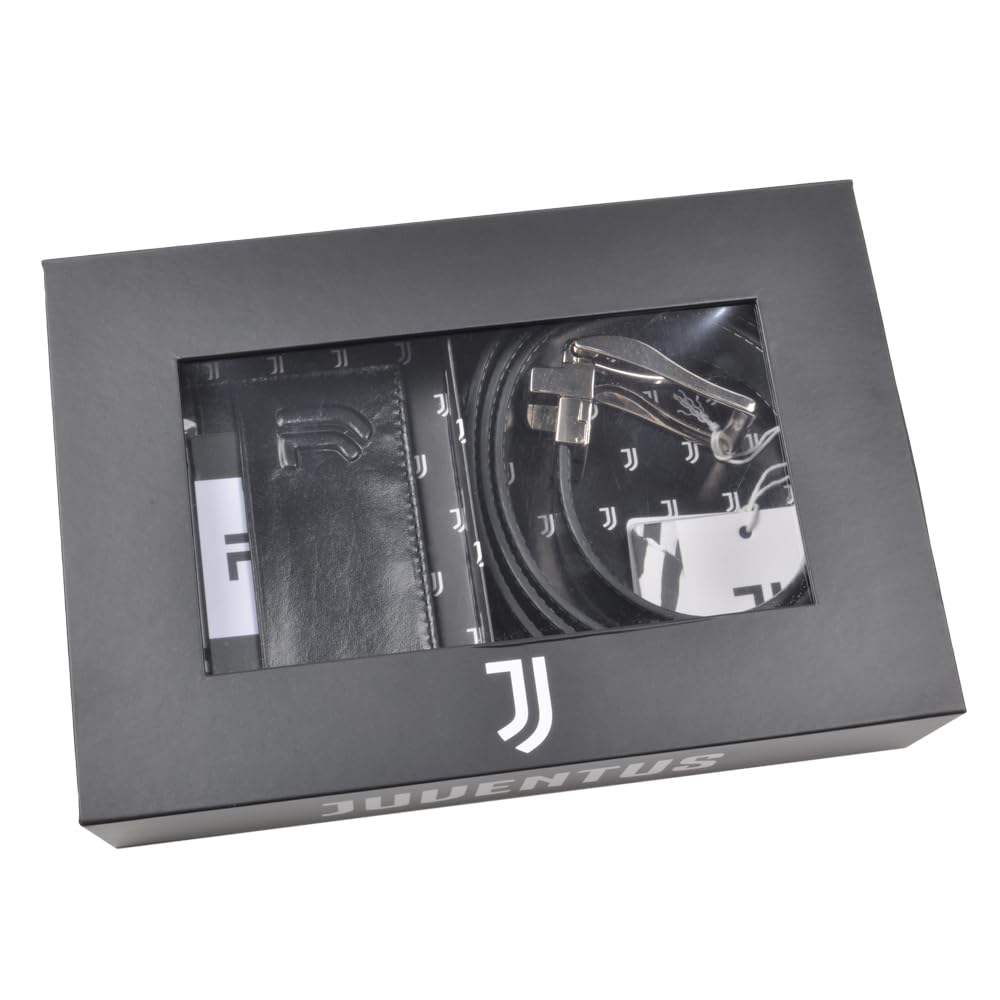 JUVENTUS Set de regalo con cinturón de piel y tarjetero de crédito, elegante caja de regalo oficial, negro, accesorios para hombre