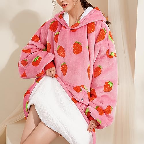 Narecte-Oversized-Blanket-Hoodie-Blanket-for-WomenWearable-Blanket-Adult-Giant-Hoodie-Cozy-Sweatshirt-Kawaii-StuffBirthday-Gifts-for-Women-for-SisterTeen-Girl-Gifts-Strawberry