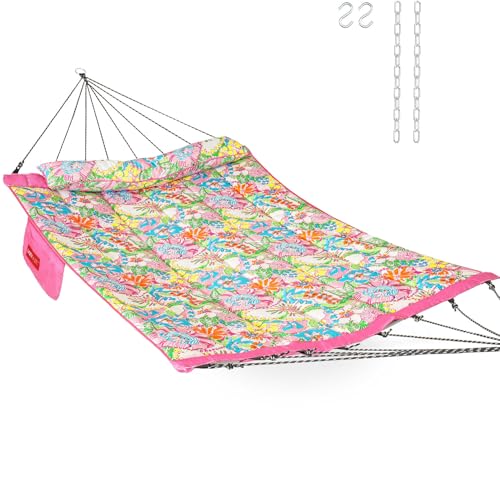 Lazy Daze Hammocks 12 FT Quilted Fabric Hammock with Curved Aluminium Spreader Bar, Outside Double Thickened Hammock with Soft Pillow, Side Pocket 450 Lbs Capacity for Patio, Poolside, Flora
