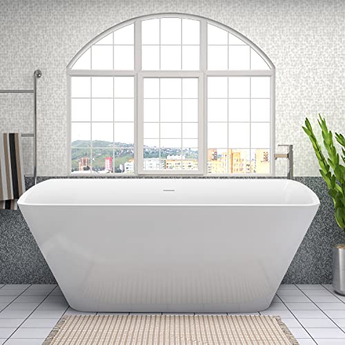 Image of 67 inch Lucite Acrylic Freestanding Bathtub, Trapezoidal Shape Contemporary Soaking Tub with Toe-tap Chrome Center Drain, Slotted Overflow, cUPC Certified, Glossy White
