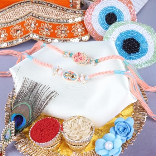 Image of Traditional Handmade Beaded Rakhi For Raksha Bandhan| Hand Bracelet For Brother| Wrist Band For Bhaiya & Bhabhi | Trendy Combination Designs Protective Thread Combo-Set Of 2