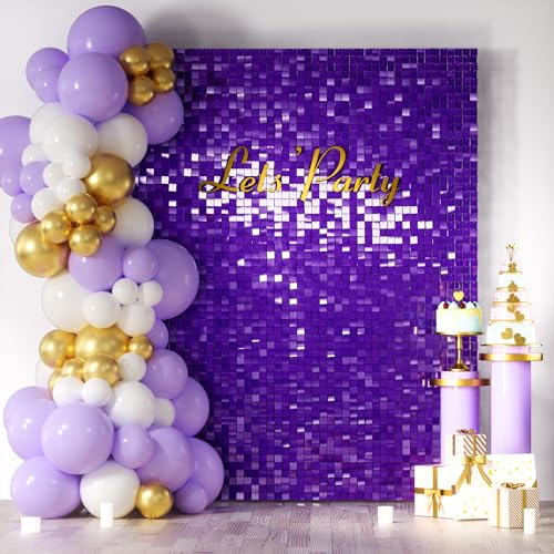 Image of COKAOBE Purple Shimmer Wall Backdrop, 24PCS Square Sequin Shimmer Backdrop Panel, Photo Backdrops for Birthday, Anniversary, Wedding, Graduation & Bachelorette Party Decoration