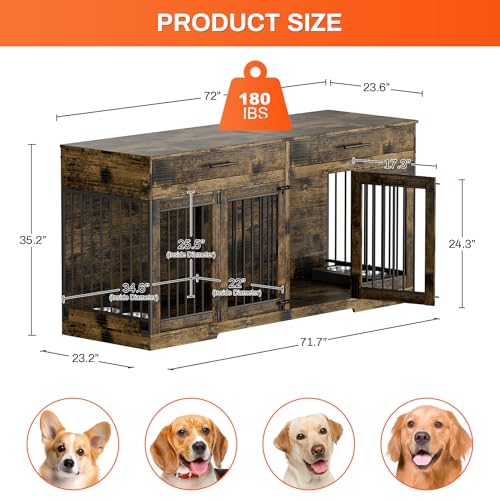 Rophefx-72-Dog-Crate-Furniture-for-2-Dogs-Large-Dog-Kennel-Furniture-with-2-Storage-Drawer-and-4-Bowls-Wooden-Dog-Cage-with-Removable-Divider-Indoor-Dog-House-TV-Stand-for-Large-Dog-Rustic-Brown Rophefx 72 Dog Crate Furniture for 2 Dogs Large Dog Kennel Furniture with 2 Storage Drawer and 4 Bowls Wooden Dog Cage with Removable Divider Indoor Dog House TV Stand for Large Dog Rustic Brown