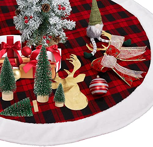 Black Red Buffalo Plaid Tree Skirt 48in Christmas Tree Skirts for Holiday Party Tree Skirt Double Layers Checked Tree Skirts, Christmas Tree Decorations