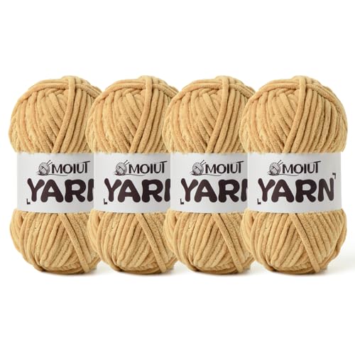 Image of 4 Packs Fluffy Chenille Yarn for Crocheting, Chunky Velvet Yarns for Crochet Amigurumi, Baby Yarn for Crocheting Soft Blanket, 349.9yds /14.1 oz Bulky Yarns for Crafts /Hats /Shoes /Socks (4 Khaki)