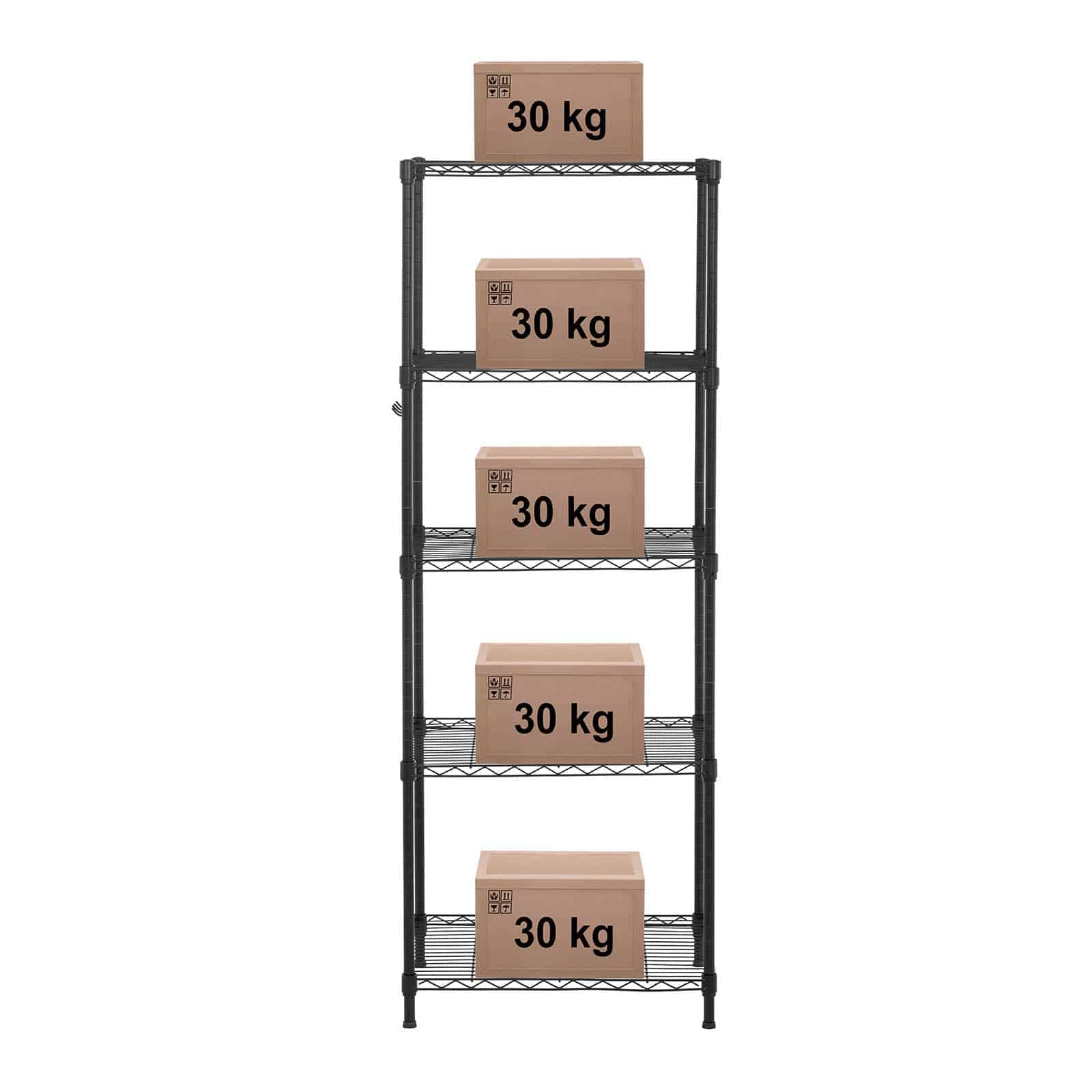 Royal Catering Estantería De Metal Estante Metálico RCMR-1500P19T (55 x 45 x 149,5 cm, Capacidad de carga total: 150 kg, 5 estantes, 4 ganchos, Negro)