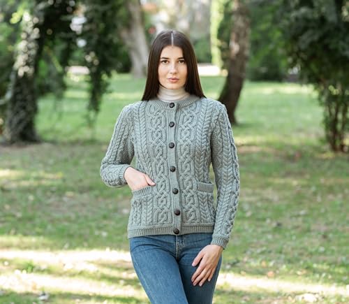 Image of SAOL 100% Merino Wool Ladies Irish Buttons Knit Cardigan Lumber Jacket with Pockets