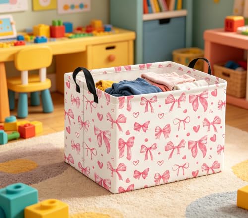 Image of Rectangular Valentines Basket for Women Girls Storage Bin Organizer Box Shelf Room Decor(Heart Bowknot)