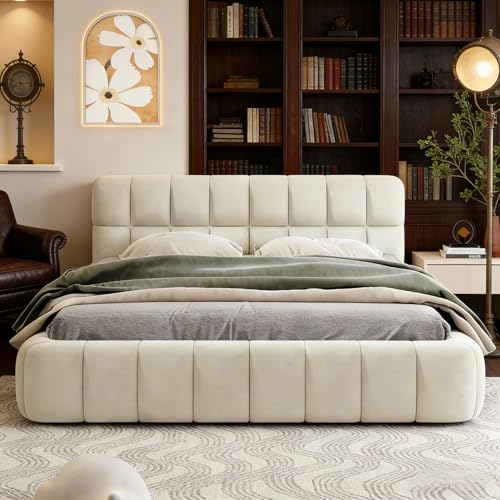 HYNHXBP Lit Bulle 160x200 avec sommier à Lattes et tête de lit rembourrée, Cadre de lit Bas, Lit Double capitonné,Lin, sans Matelas (Beige, 160 x 200 cm)