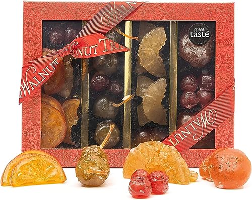 Walnut Tree | Glace Fruit Box Selection | Handpacked in the UK with Glace Mandarin Glace Pineapple Glace Apple Glace Cherry Glace Pear in a Traditional Festive Presentation Gifting Box | 430g pack