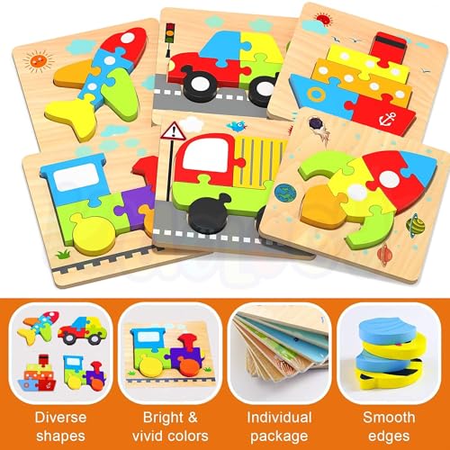 Image of Kidology 3D Wooden Puzzle Learning Toy Set for Toddlers - 6 Vehicle Shape Puzzles Blocks, Educational Fun Playset - Color & Shape Recognition Montessori Toy for Kids