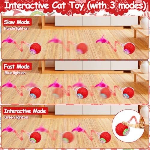 Image of Interactive Cat Toy Ball - Christmas Cat Toys for Indoor Cats with Feather Tails for Chasing, Moving Stimulation Smart Cat Toy for Enrichment, Motion Activated Automatic Rolling Toys to Keep Them Busy
