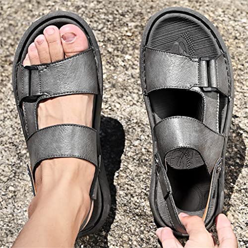 Sandals Men ' s Cowhide Casual Beach Shoes Genuine Leather Thick Sole Anti Slip Male Toe Shoes Black Brown(40)4