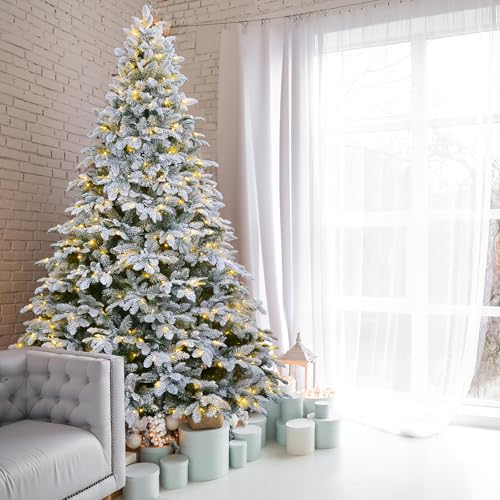 ELONG HOME Flocked Christmas Tree, 7.5ft Artificial Tree Prelit,1700 Tips Realistic Christmas Tree with Sturdy Metal Stand