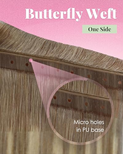 Image of YoungSee 100g Butterfly Weft Hair Extensions Human Hair, 20 Inch Balayage Butterfly Hair Extensions for Women, Light Brown Balayage Platinum Blonde, OVO Weft Extensions Long Straight Hair