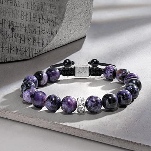 Hawk's Eye Charoite Beaded Bracelet for Men Sterling Silver Charm Adjustable Braided Protection Bracelet (10mm) Natural Gemstones Gift for Men, 6.1''-7.5''2