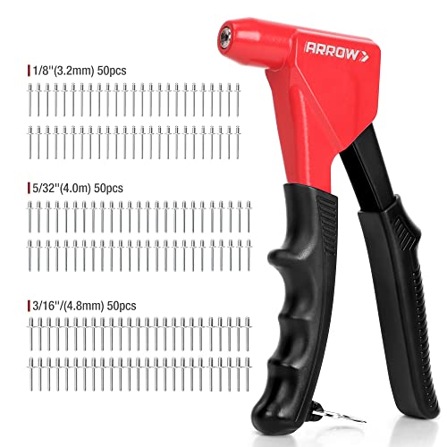 Arrow 3-in-1 Rivet Gun, One-Handed Headless Pop Rivet Gun Kit with 150Pcs Rivets, Professional Manual Heavy Duty Rivet Gun Kit Without Head Change, for Metal, Wood and Plastic
