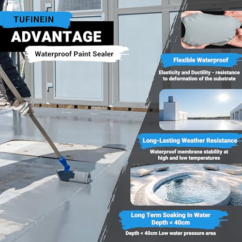 Image of Rubber Liquid Waterproof Sealant, TUFINEIN 53oz /1.5kg Neutral Gray Quick Drying Multi Surface Foundation Leak Repair - Roof Gutters Basement Sealer Waterproof - Indoor & Outdoor Flexible Rubber Paint